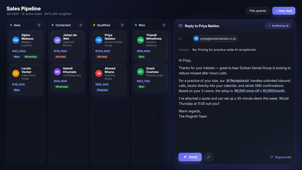 AI CRM and email concept — glowing pipeline cards with envelope