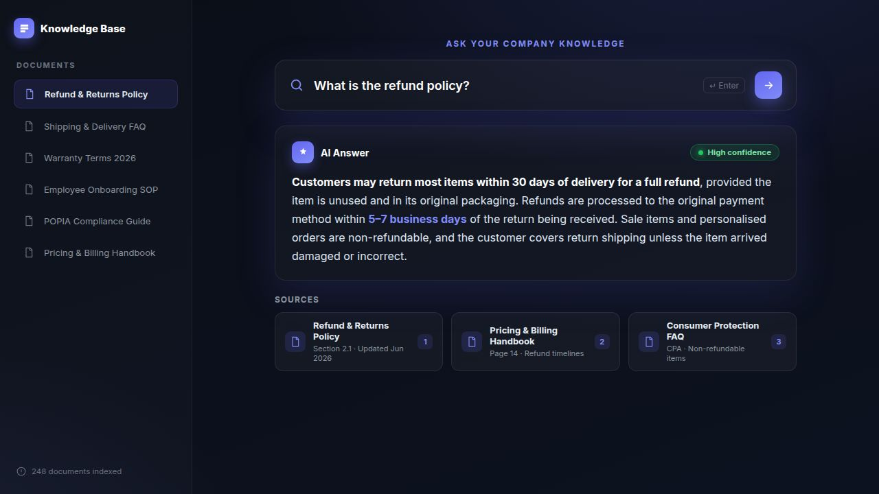 AI knowledge search concept — glowing magnifier and document nodes
